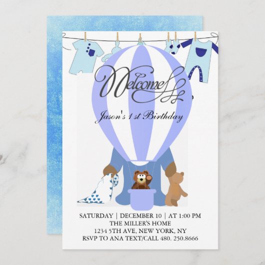 World of Blue Balloons First誕生日招待状 招待状 (正面/裏面)