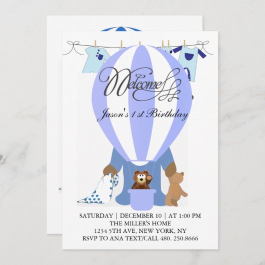 World of Blue Balloons First誕生日招待状 招待状 (正面/裏面)