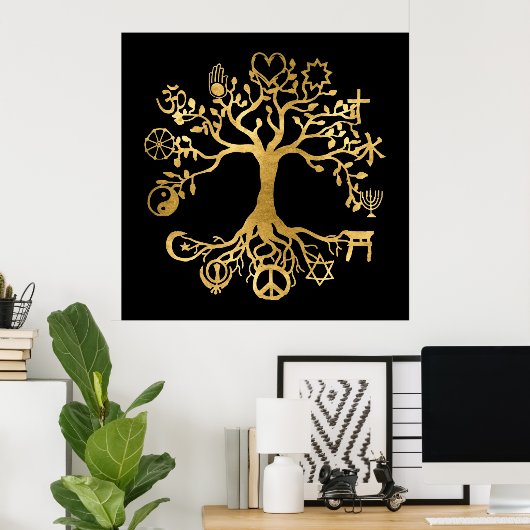 World Peace Tree Gold and Black  Poster ポスター (ホームオフィス)