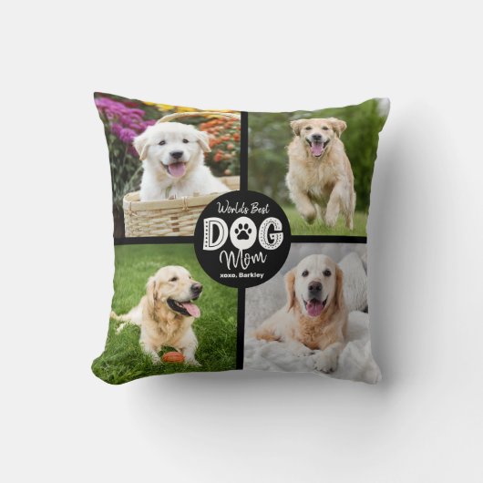 World’s Best Dog Mom Custom 4 Photo Black White クッション (正面)