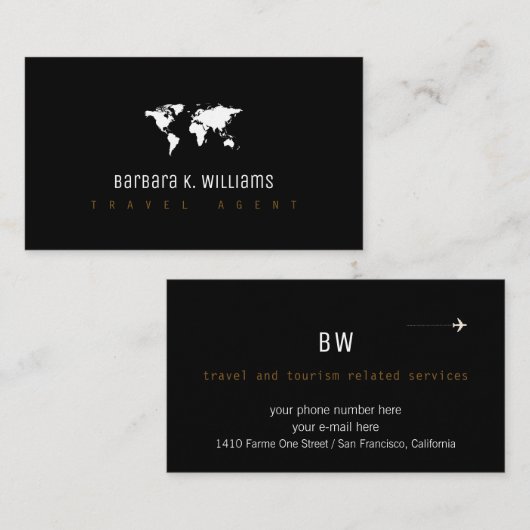worldmap付きの旅行代理店ブラック名刺 名刺 (正面/裏面)
