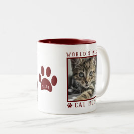 World's 最高の Cat Mom写真名Paw Prints Maroon ツートーンマグカップ