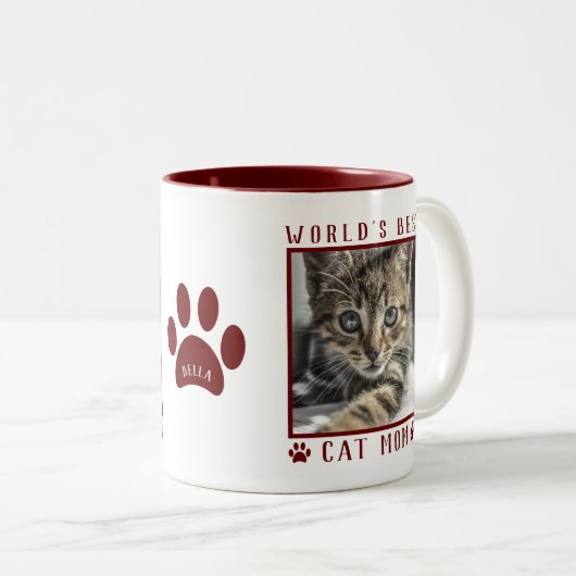 World's 最高の Cat Mom写真名Paw Prints Maroon ツートーンマグカップ (正面右)