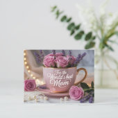 World's Best Mom: Pink Teacup Filled with Roses ポストカード (スタンド正面)