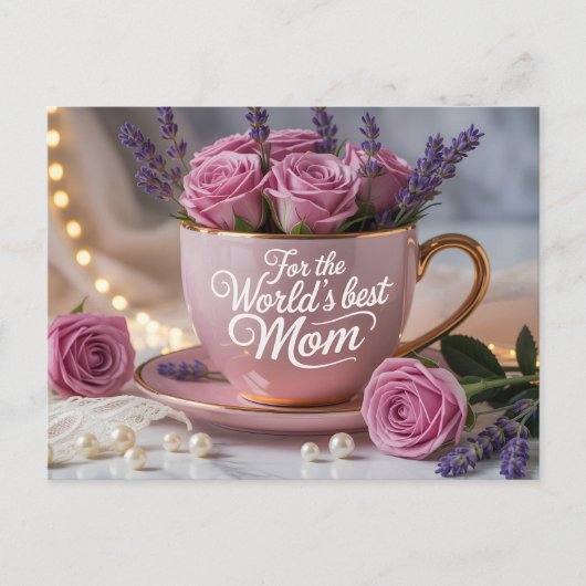 World's Best Mom: Pink Teacup Filled with Roses ポストカード (正面)