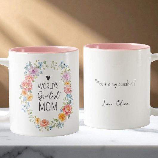World's Greatest Mom Personalized Quote Floral ツートーンマグカップ