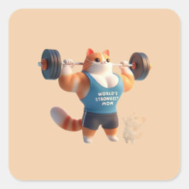 World's Strongest Mom Cute Gym Cat Keychain スクエアシール