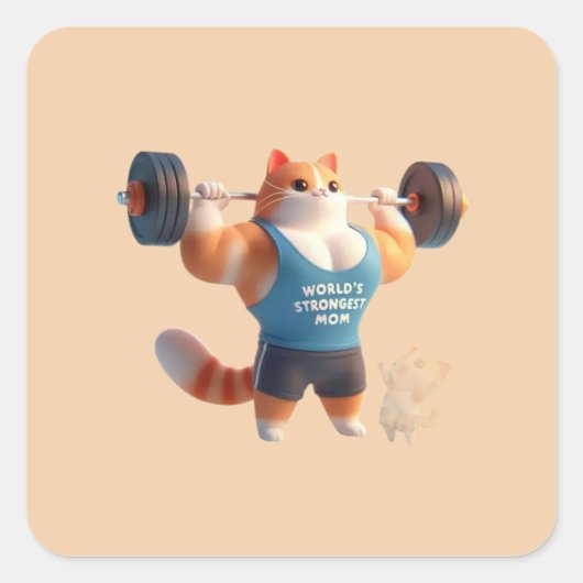 World's Strongest Mom Cute Gym Cat Keychain スクエアシール (正面)
