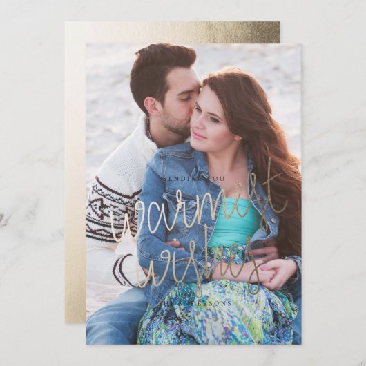 WORMEST WISHS金ゴールドフォトクリスマスグリーティングカード シーズンカード (正面/裏面)