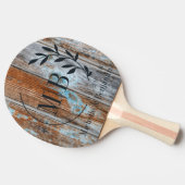 Worn Blue Wash Wood Leaf Wedding Monogram 卓球ラケット (横)