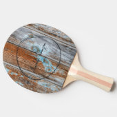 Worn Blue Wash Wood Name in Drawn Circle  卓球ラケット (横)