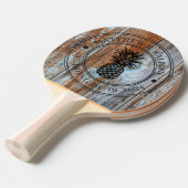 Worn Blue Wash Wood Pineapple Wedding Crest & Name 卓球ラケット (正面アングル)