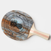 Worn Blue Wash Wood Pineapple Wedding Crest & Name 卓球ラケット (横)