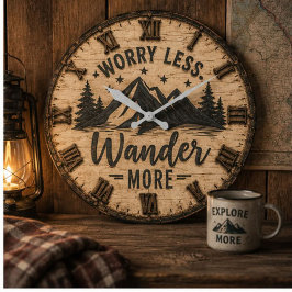 Worry Less Wander More Rustic Mountain Cabin ラージ壁時計