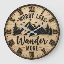 Worry Less Wander More Rustic Mountain Cabin ラージ壁時計