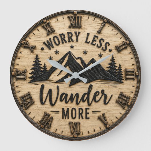 Worry Less Wander More Rustic Mountain Cabin ラージ壁時計 (正面)