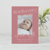 Worth The Wait ピンクの写真 モダンな誕生 案内状 (スタンド正面)