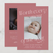 Worth The Wait ピンクの写真 モダンな誕生 案内状 (正面/裏面)