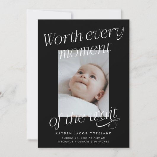 Worth The Wait ブラック 写真 モダン 誕生 案内状 (正面)