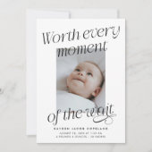Worth The Wait 白い写真 モダンな誕生 案内状 (正面)