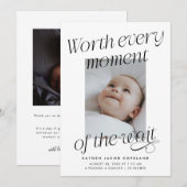 Worth The Wait 白い写真 モダンな誕生 案内状 (正面/裏面)