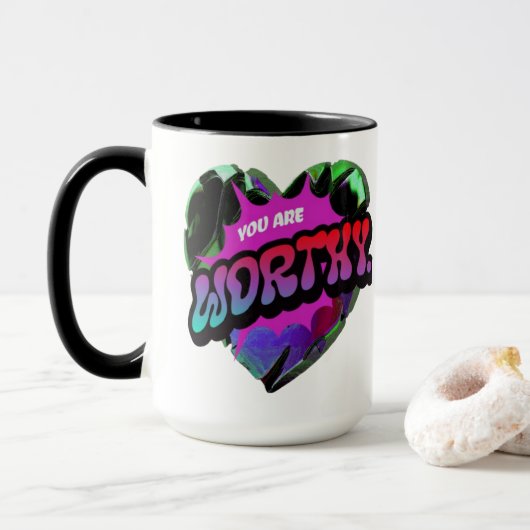 Worthy Mug – 自己やる気を起こさせる肯定コーヒー マグカップ (ドーナツ付き)