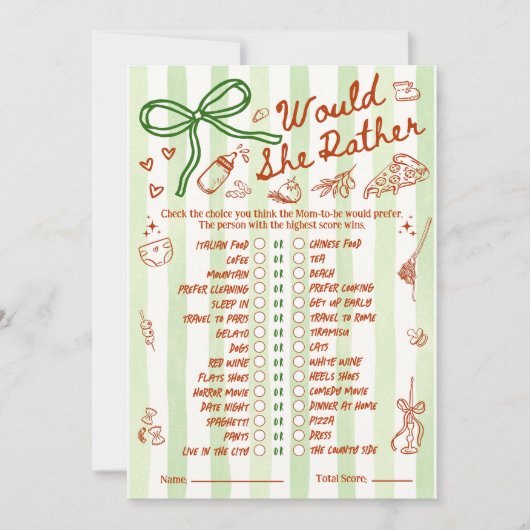 Would She Rather Baby Shower Game in Red Green (正面)