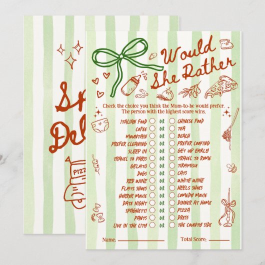 Would She Rather Baby Shower Game in Red Green (正面/裏面)