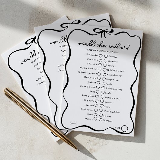 Would She Rather Bridal Shower Game Black Bow アドバイスカード