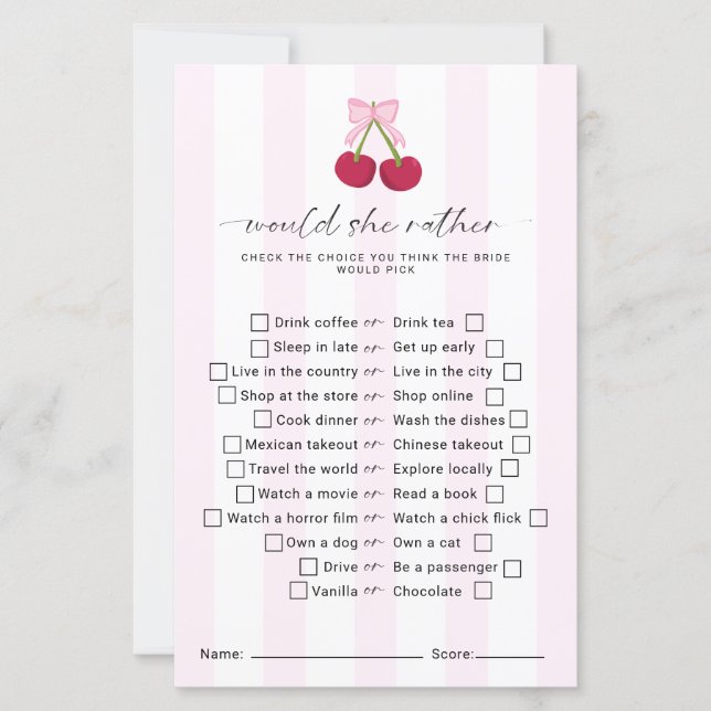 Would She Rather Bridal Shower Game Coquette (正面)