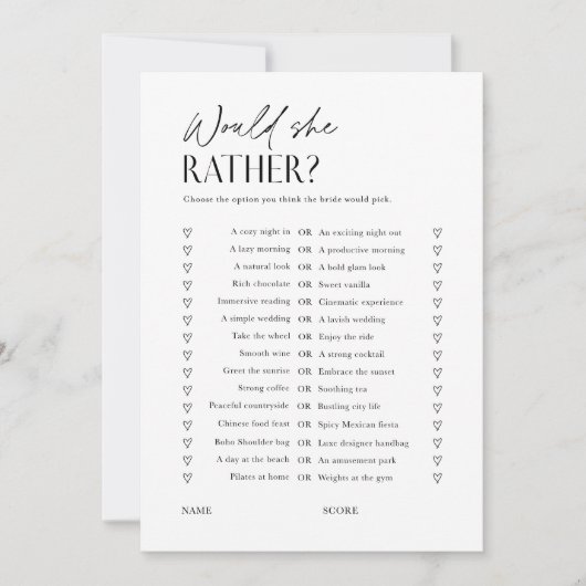 Would She Rather Bridal Shower Game Trivia Card 招待状 (正面)