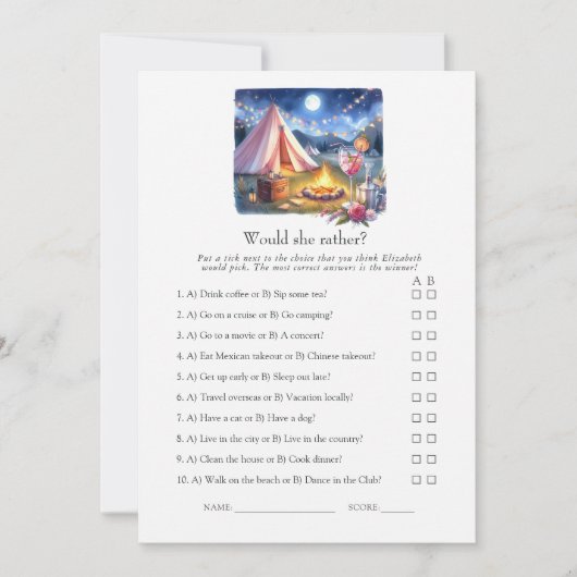 Would She Rather Camp Bachelorette Weekend Game 招待状 (正面)