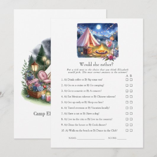 Would She Rather Camp Bachelorette Weekend Game 招待状 (正面/裏面)