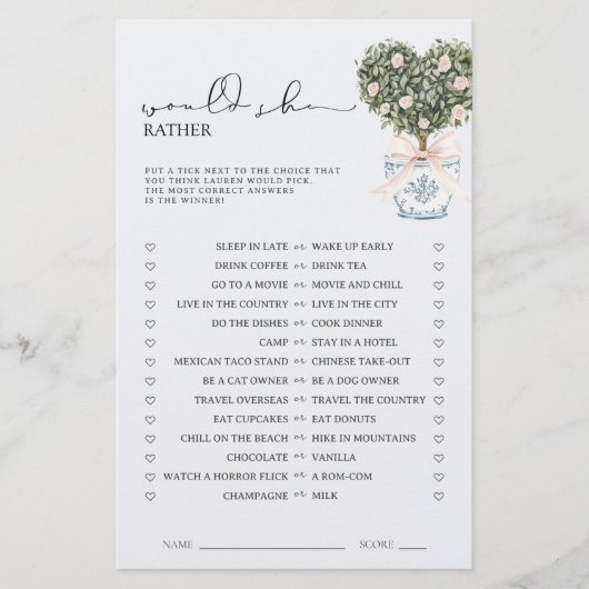 Would She Rather Chinoiserie Pink Shower Game (正面)