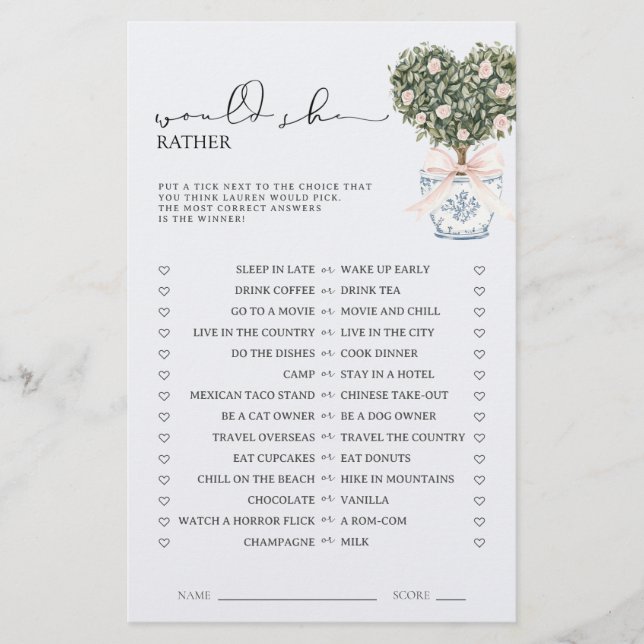 Would She Rather Chinoiserie Pink Shower Game (正面)