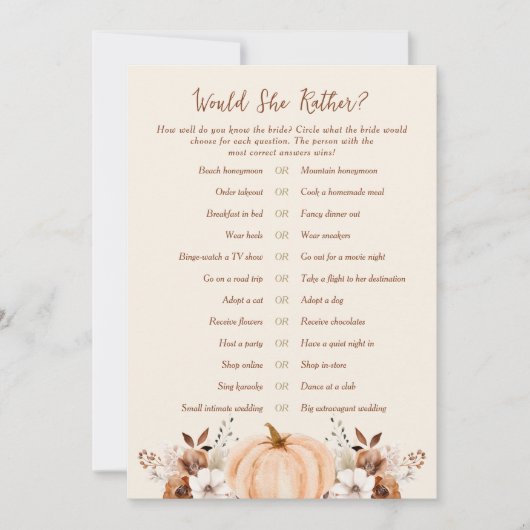 Would She Rather Fall Bridal Shower Game Card 招待状 (正面)