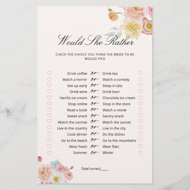 Would She Rather Floral Bridal Shower Game  (正面)