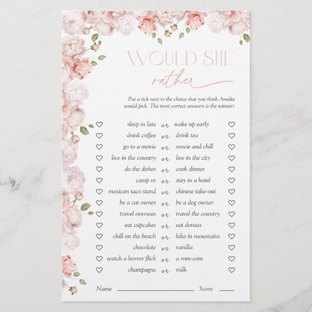 Would She Rather Floral Pink Bridal Shower Game (正面)