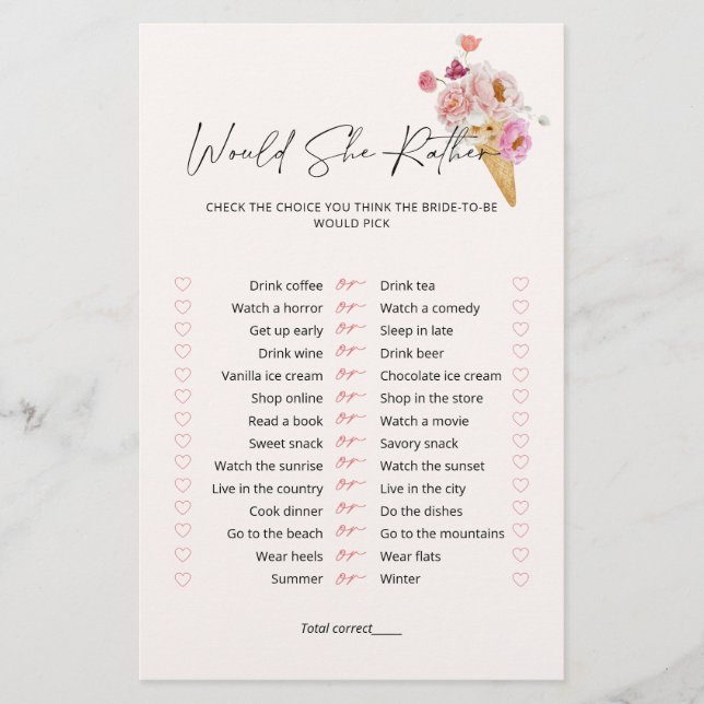 Would She Rather Ice Cream Bridal Shower Game  (正面)