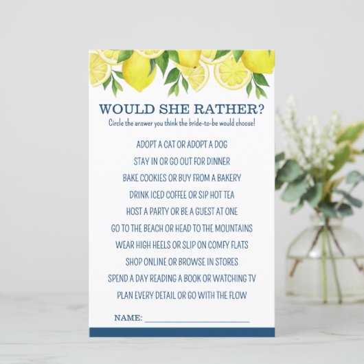 Would She Rather Lemon Bridal Shower Game (スタンド正面)