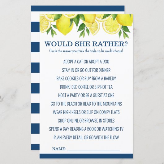 Would She Rather Lemon Bridal Shower Game (正面/裏面)