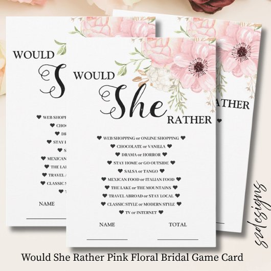 Would She Rather Pink Floral Bridal Game  Card 招待状