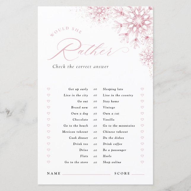 Would She Rather Pink Snow in Love Bridal Shower (正面)