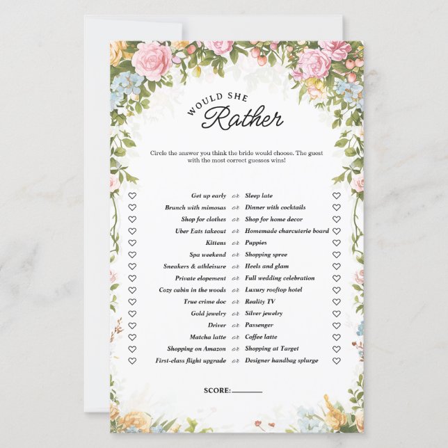 Would She Rather Tea Party Bridal Shower Game (正面)