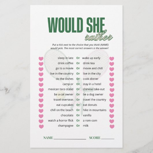 Would She Rather Tennis Bridal Shower Game (正面)