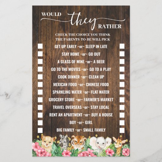 Would They Rather Rustic Pink Safari Game Card チラシ (正面)