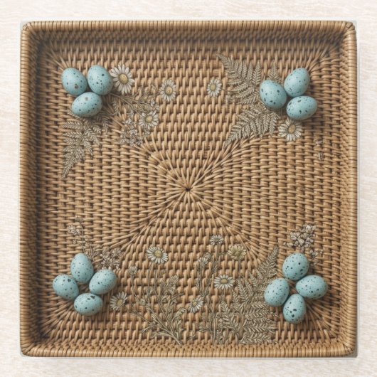 Woven Rattan & Blue Bird Eggs Square Glass Coaster ガラスコースター (正面)