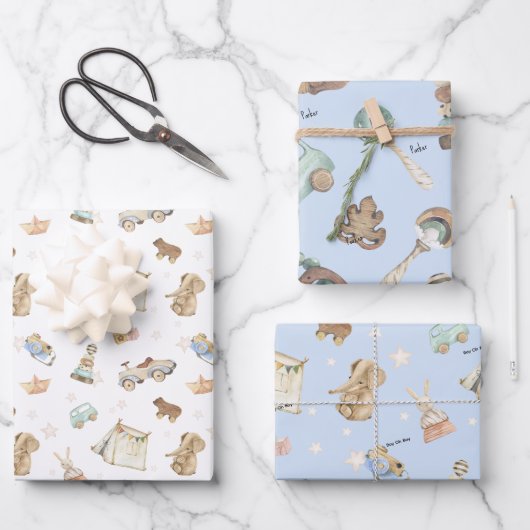 WP青 | 名前、男の子おもちゃヴィンテージ ラッピングペーパーシート (正面)