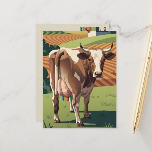 WPA‑Style Funny Cow Postcard ポストカード (正面/裏面インサイチュ)