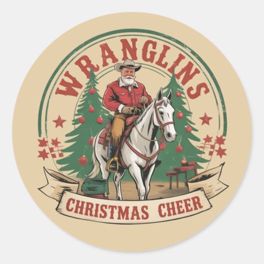 Wrangling Christmas Cheer Cowboy Santa Horse Ride ラウンドシール (正面)